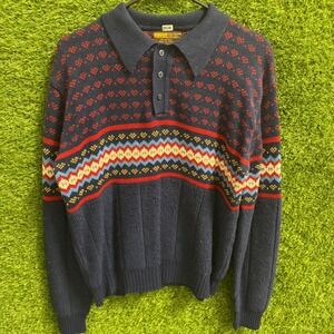 Vintage Montgomery Ward Fair Isle‎ Knit Polo Sweater Mens large 90's